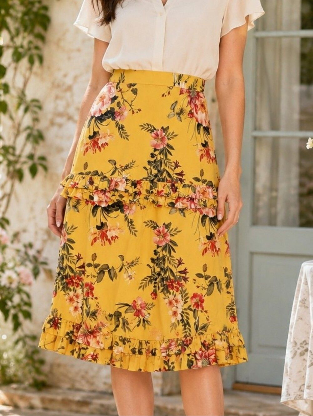 Antonio Melani Nico Yellow Floral Ruffle High Rise Midi Skirt 4 Cottagecore